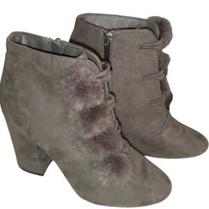 Primark Women's Faux Suede Gray Ankle Boots Heeled Pom-Poms Size 6 Fashionable